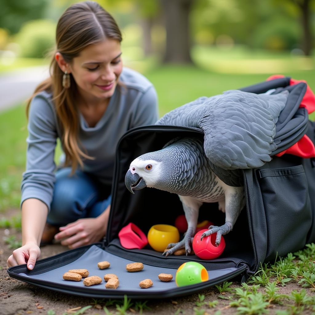 African Grey Parrot Being Acclimated to its Travel Carrier