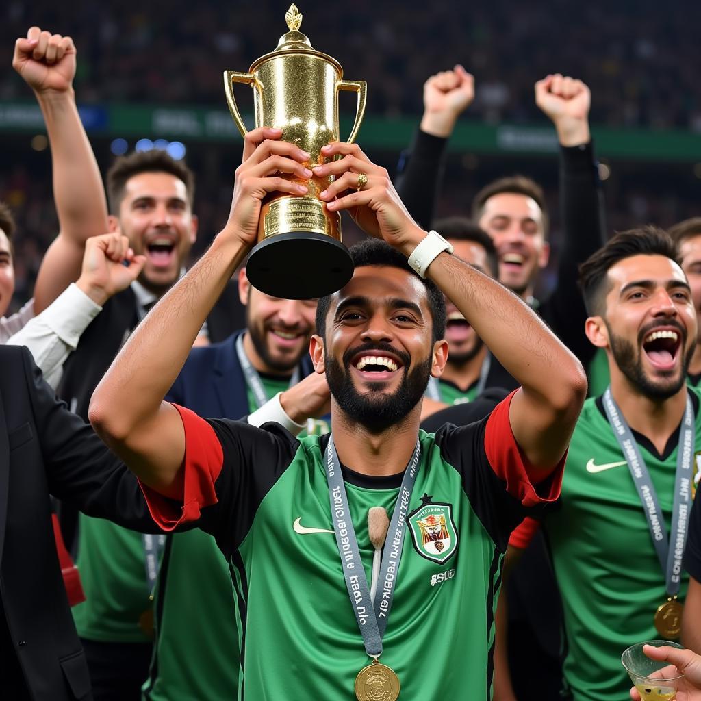 Riyad Mahrez celebrates winning the 2016 African Footballer of the Year award