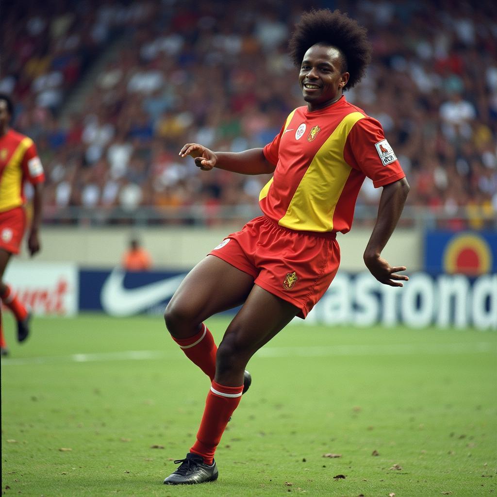 Roger Milla Celebrating a Goal at the 1990 World Cup