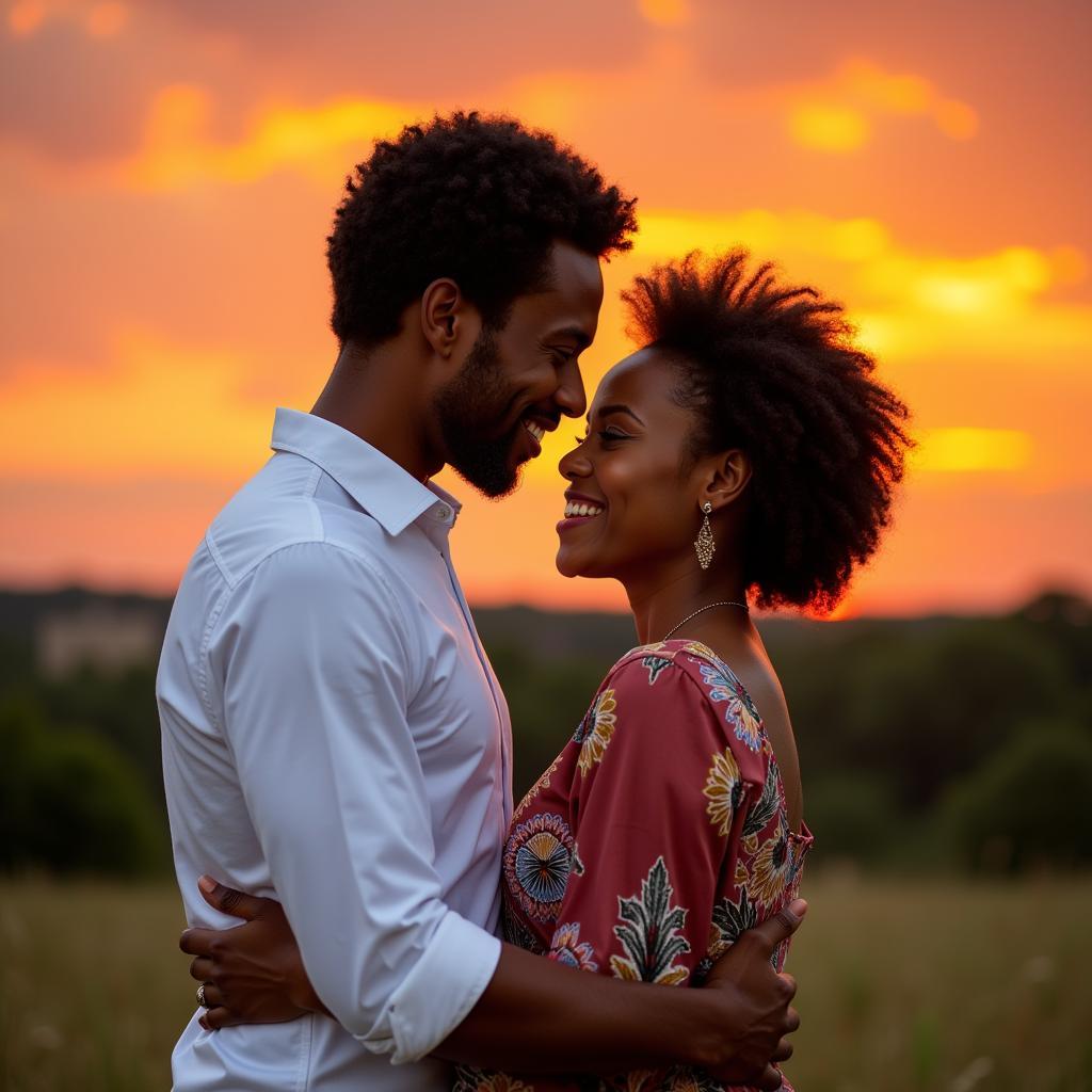 Romantic African American Couple Embracing at Sunset