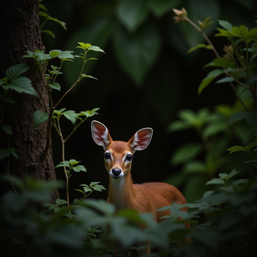 Royal antelope, the smallest antelope species, hiding in the African forest