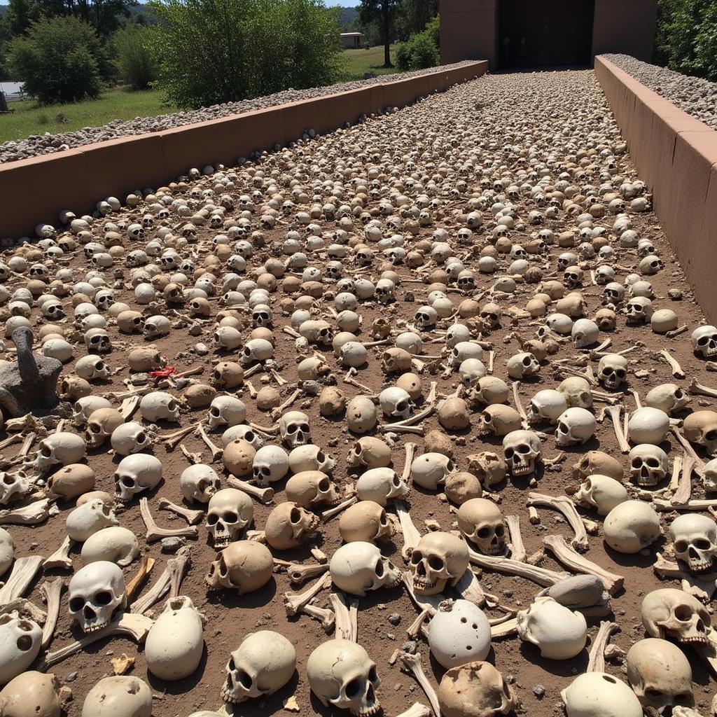 Rwandan Genocide Victims Memorial: A poignant image depicting rows of skulls and bones, a stark reminder of the horrific scale of the genocide and the importance of remembering the victims.