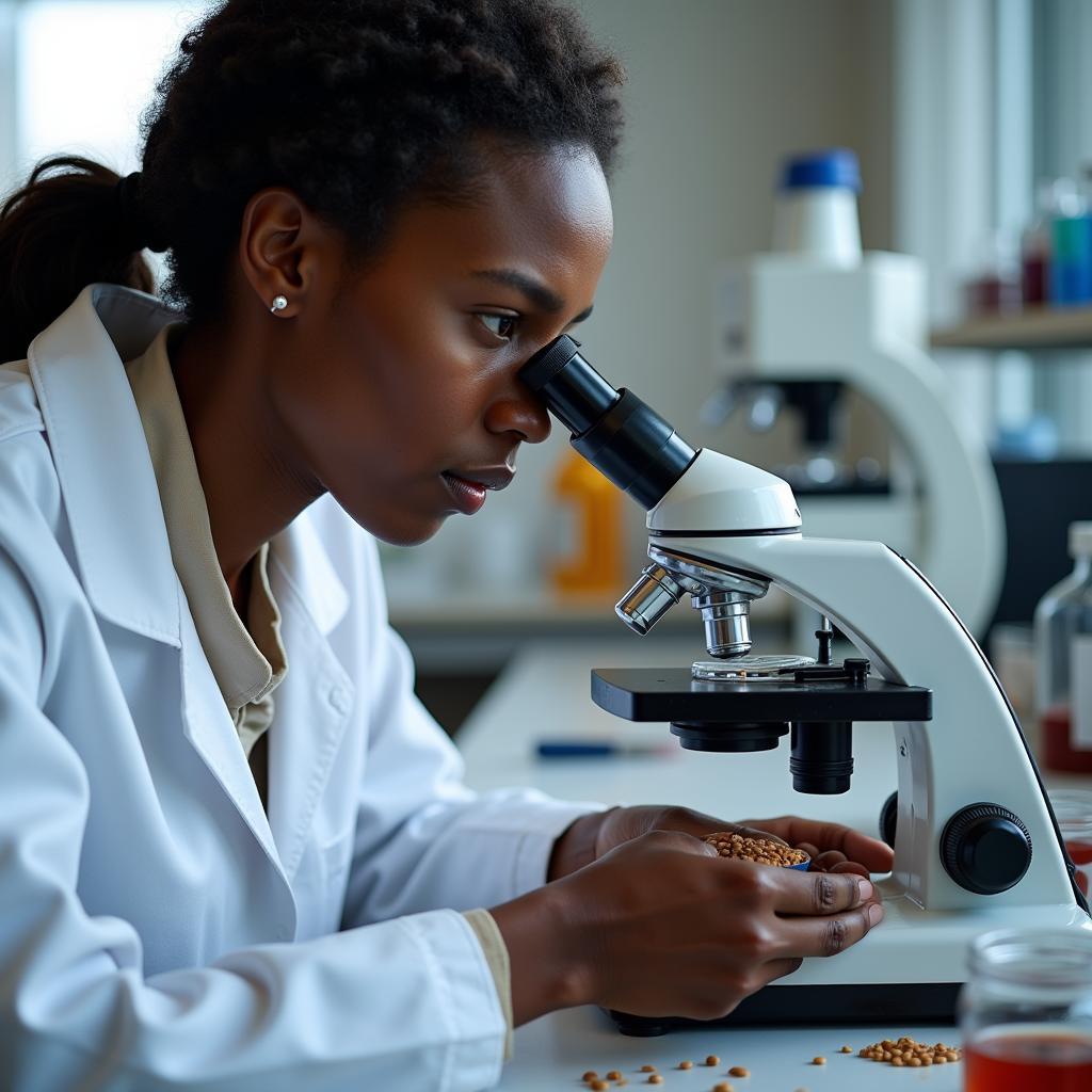 Scientist examining African berry seeds under a microscope