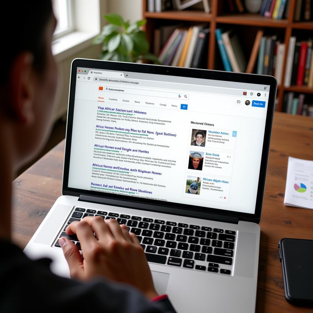 A person using a laptop to research African heroes and heroines online.