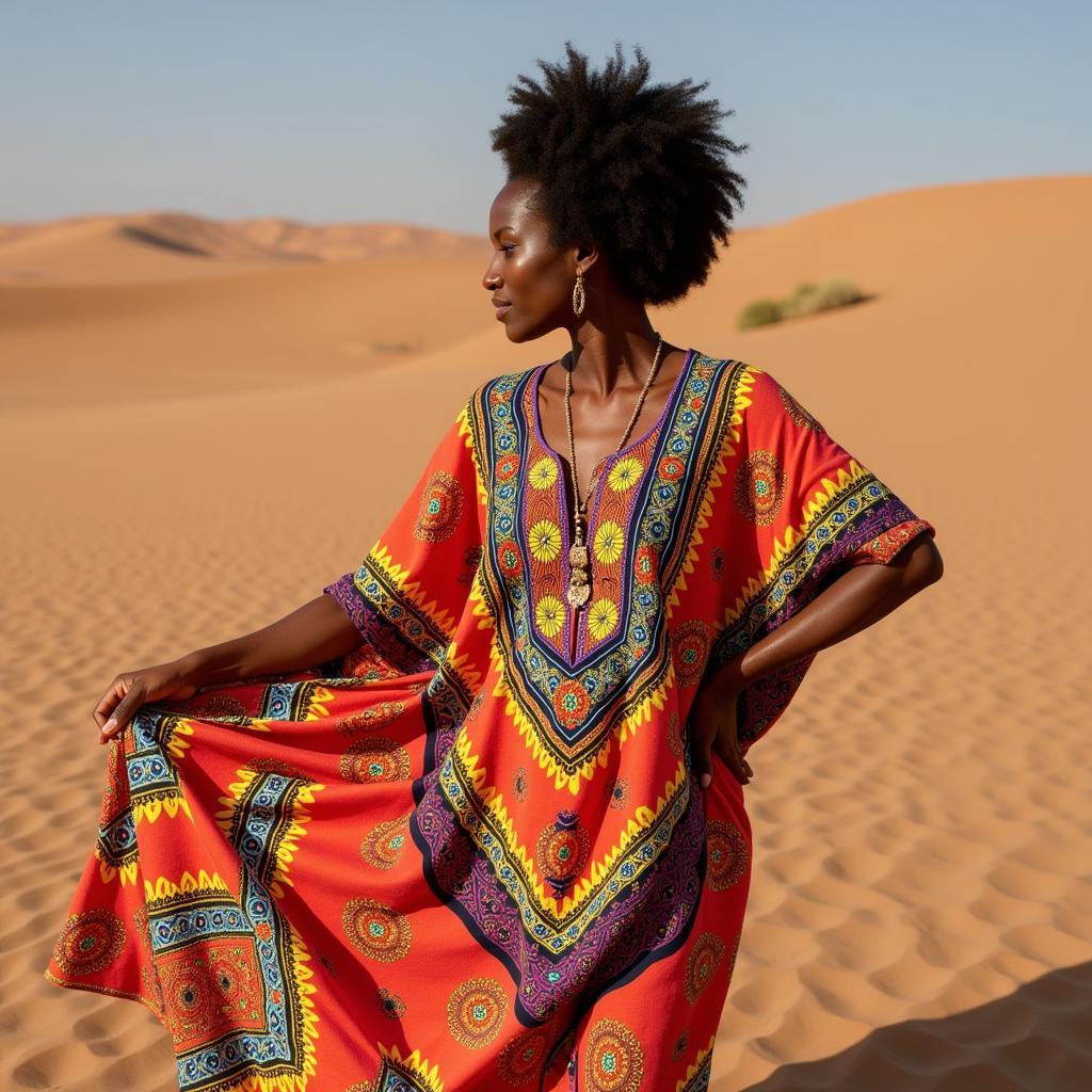 Senegalese woman wearing a brightly colored, loose-fitting kaftan.