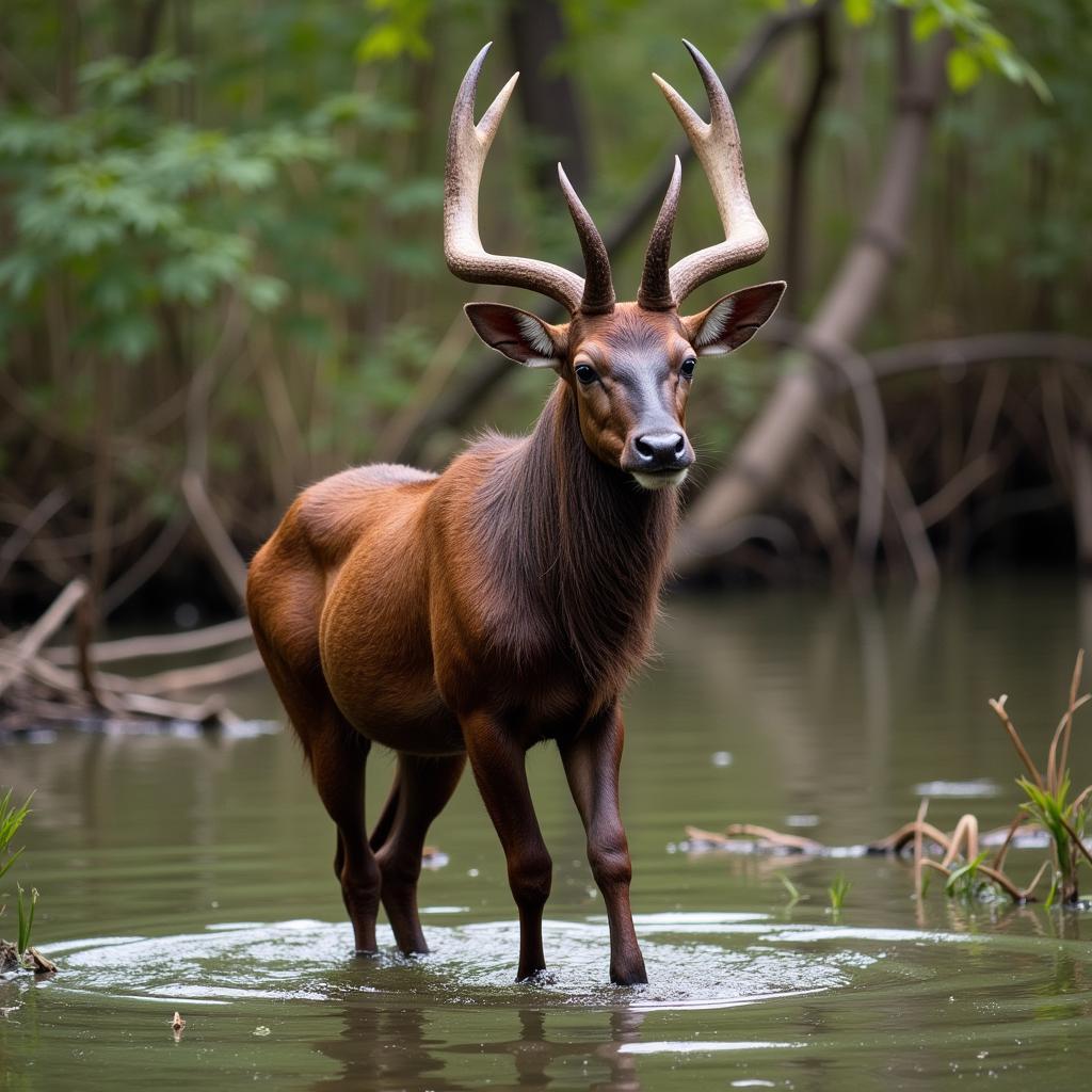 Sitatunga navigating its swampy home with its unique adaptations.