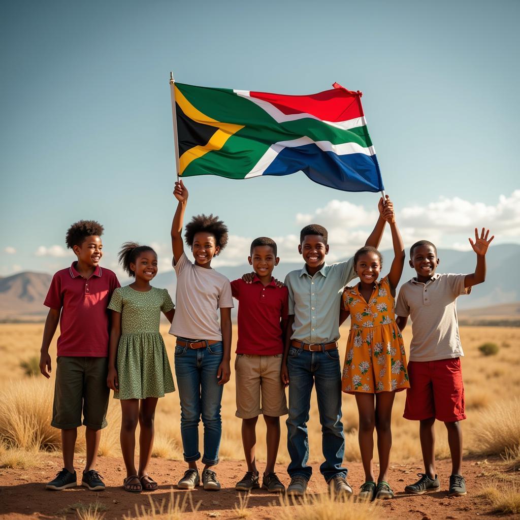 South African Children Waving the Flag