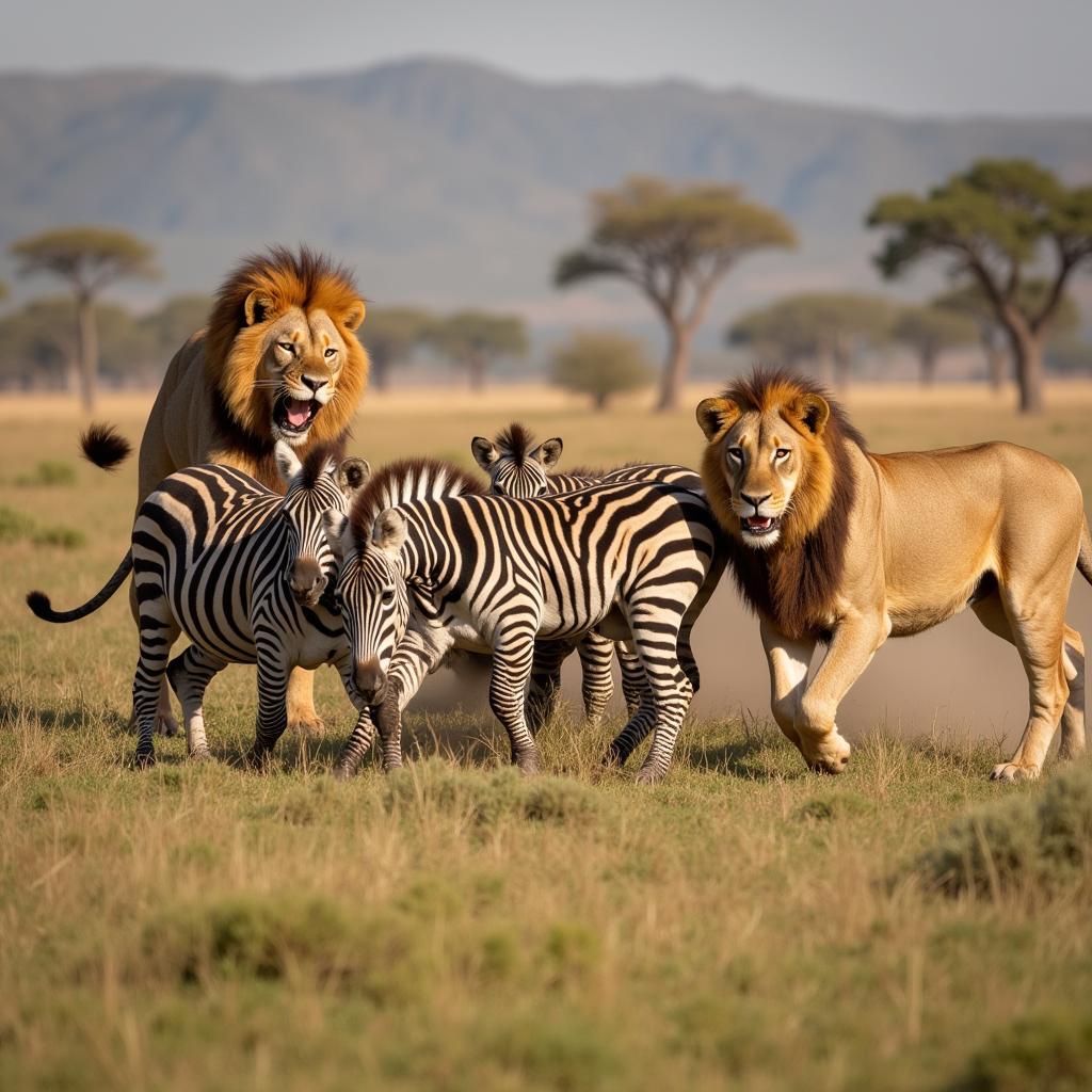 South African Lion Pride Hunting Zebras on the Savanna