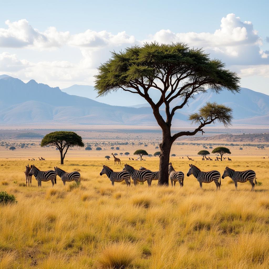 South African Savanna Landscape with Acacia Trees and Wildlife