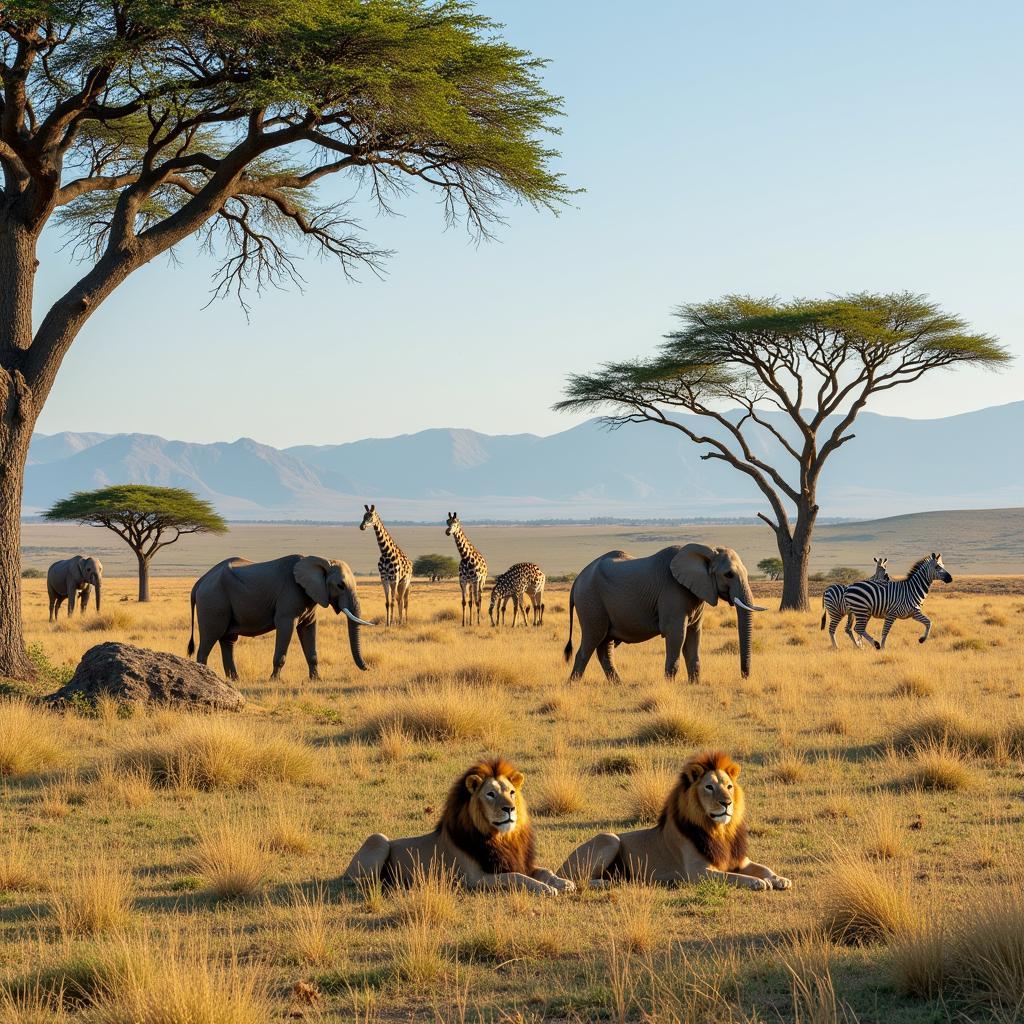 Wildlife Safari in South Africa - Image showcasing a diverse range of animals in their natural habitat, such as lions, elephants, giraffes, and zebras, highlighting the rich biodiversity of South Africa's national parks.