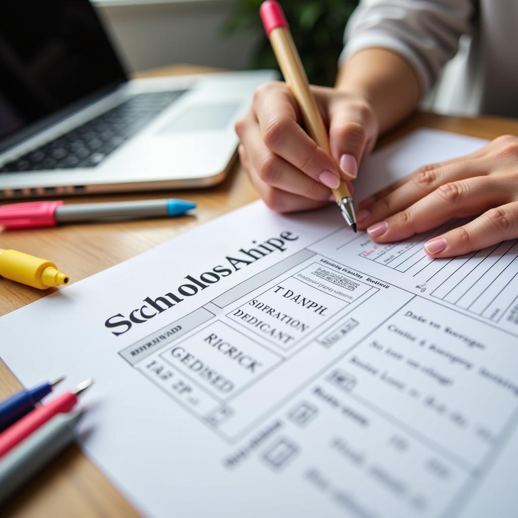 A student diligently filling out a scholarship application form.