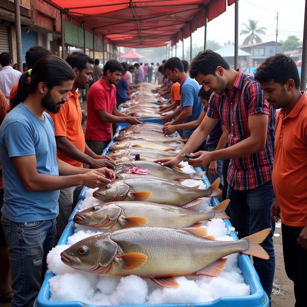 Vendors selling fresh African catfish in a Tamilnadu market.