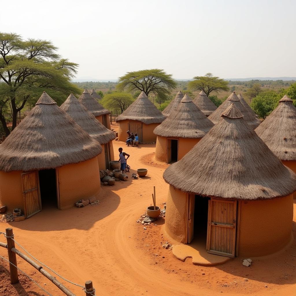 Traditional African Mud Huts in a Rural Village