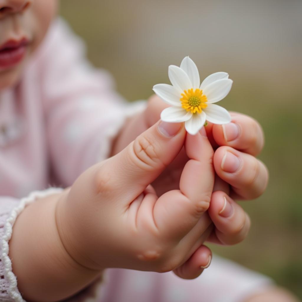 Unique African American Baby Girl Names: A close-up shot of a baby girl's hand gently holding a flower, symbolizing the delicate beauty and individuality of unique names.