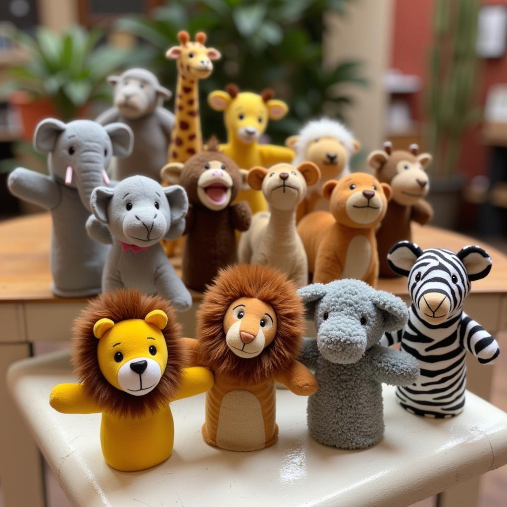 Different types of African animal finger puppets displayed for sale.