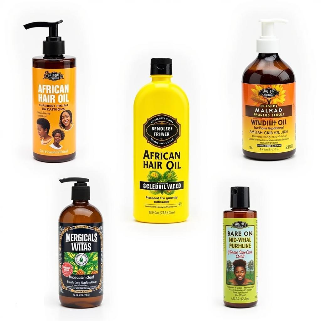 Various bottles of African hair oil displayed on a shelf, showcasing the diversity of products available.