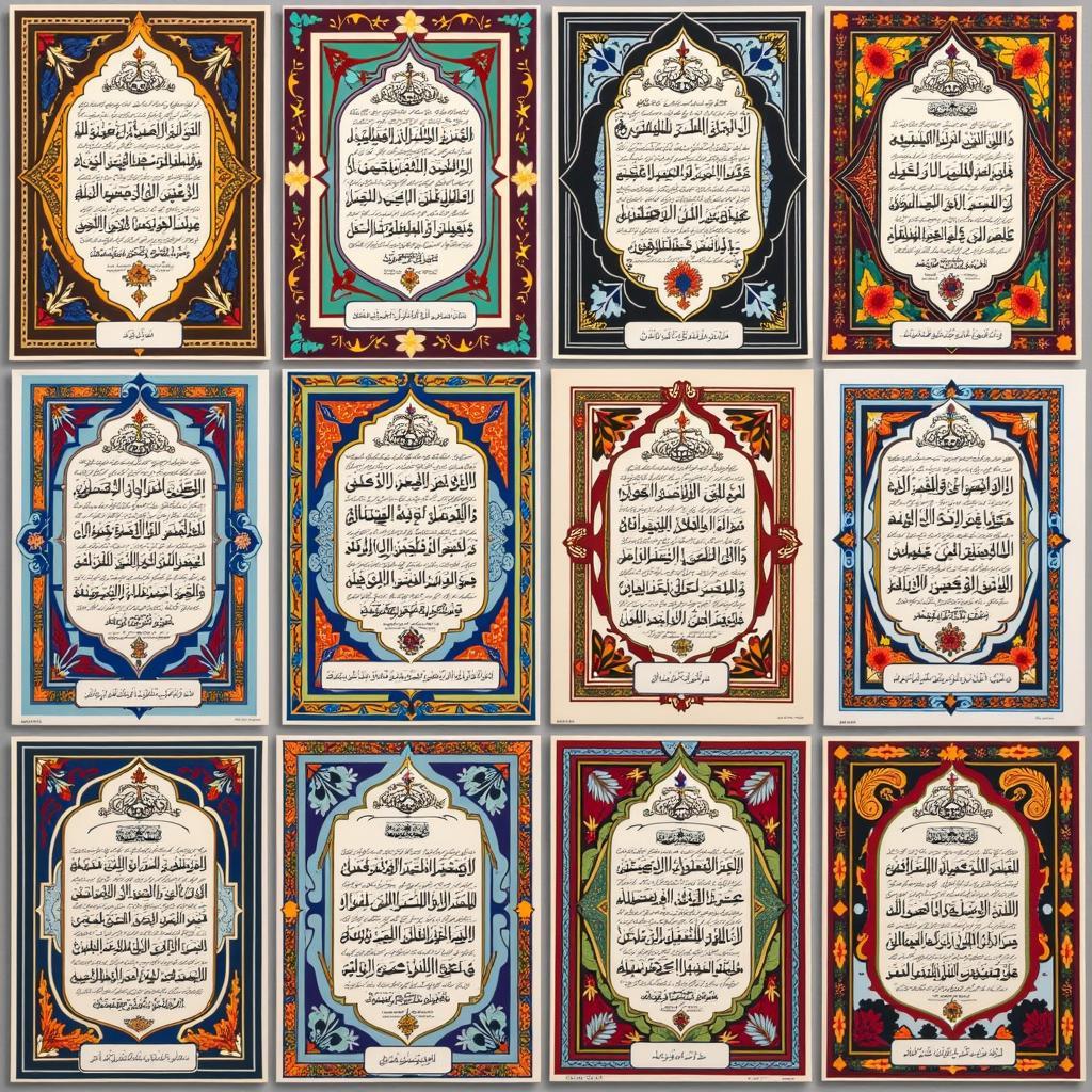 Different 13 Line Quran prints displayed, highlighting the variety in calligraphy and design.