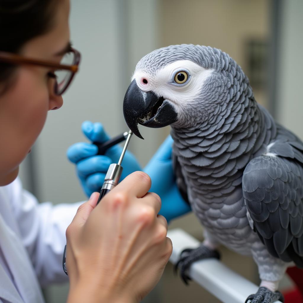 Veterinarian examining an African Grey's beak