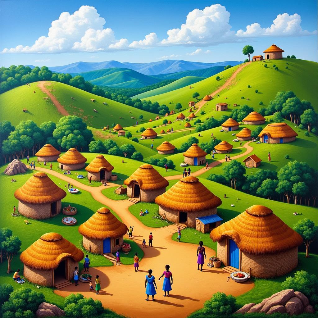 Vibrant African Village Landscape Painting