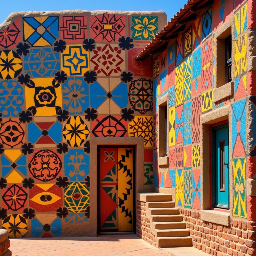 Vibrant Ndebele House Paintings with Geometric Patterns