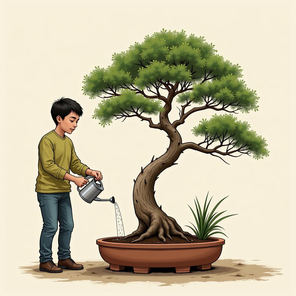 A person carefully watering an African baobab bonsai with a small watering can, focusing on the soil around the base of the tree.