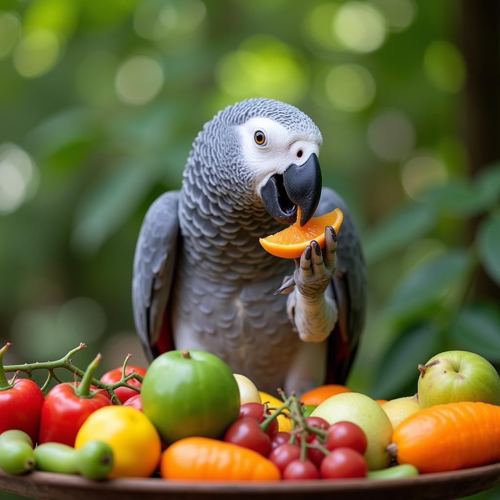 A Weaned African Grey Parrot Enjoying Fruits and Vegetables