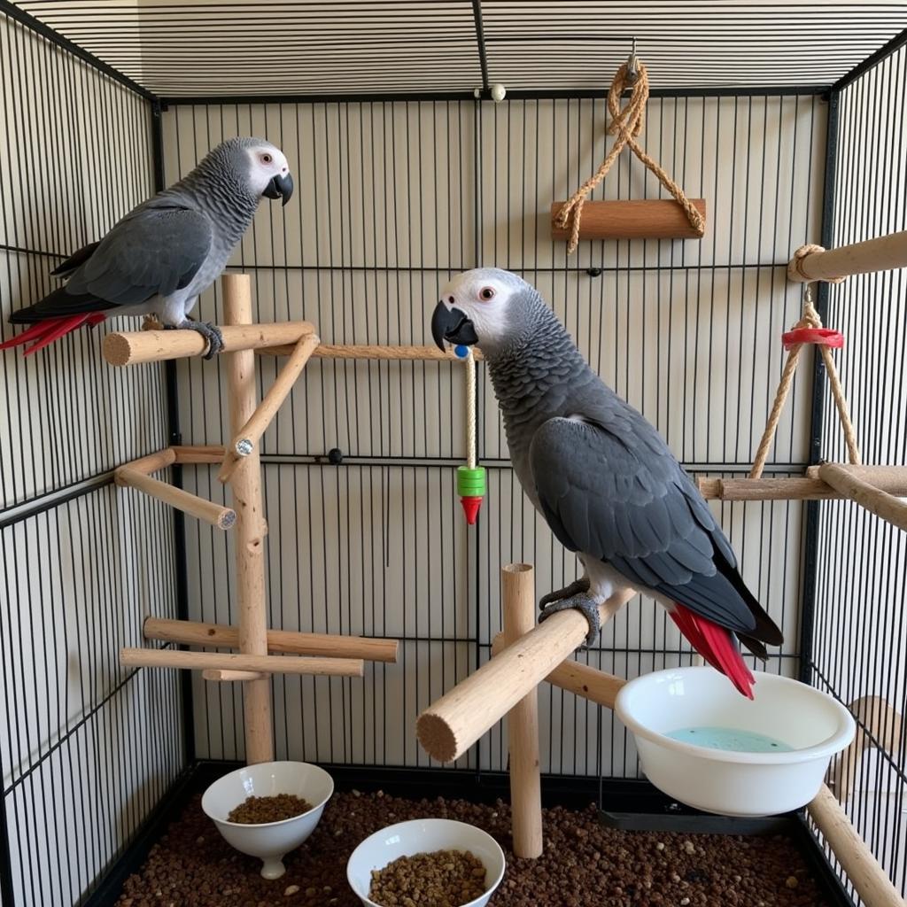 Well-Equipped African Grey Parrot Cage