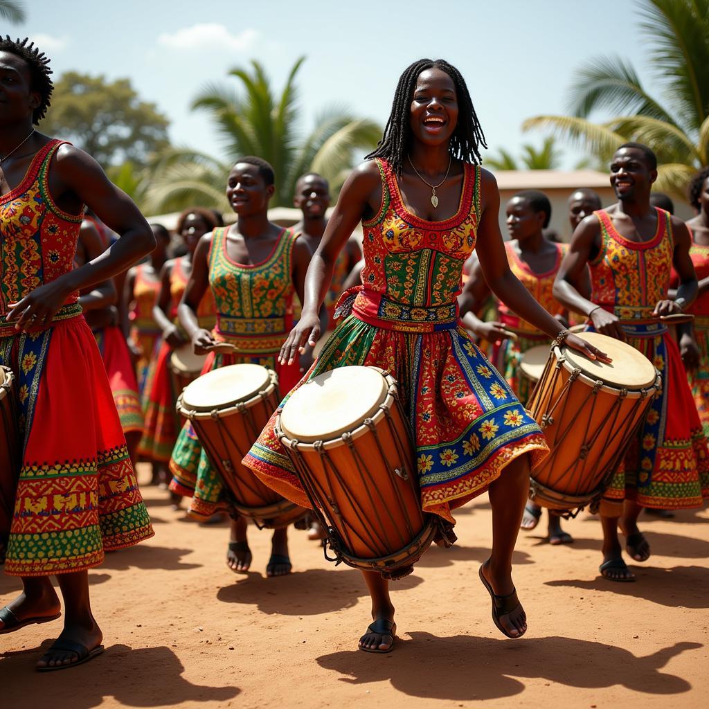 West African drum and dance celebration in traditional attire