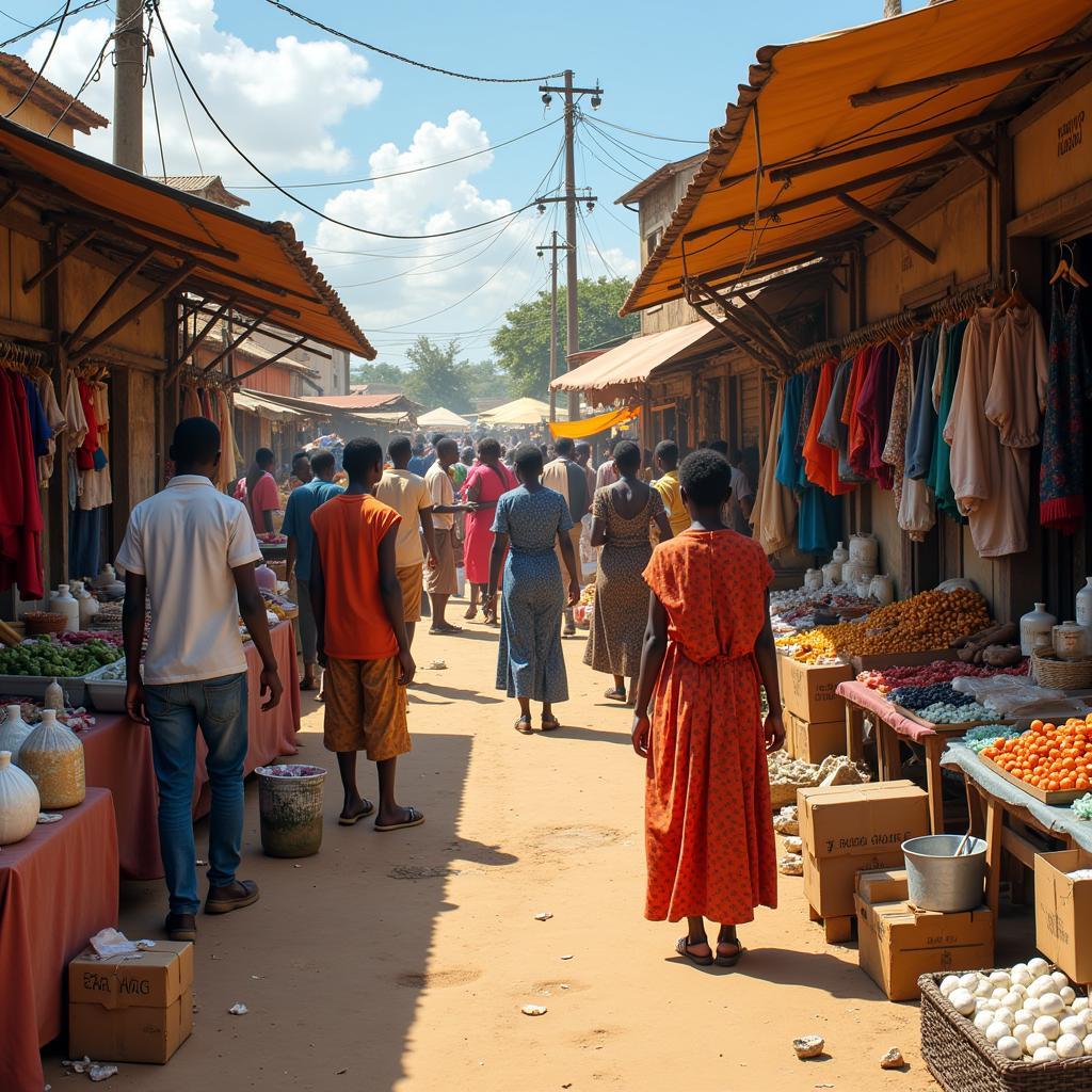 West African Market with CFA Franc Transactions: Image depicting a bustling West African market scene with vendors and customers engaged in transactions using CFA Franc banknotes and coins.