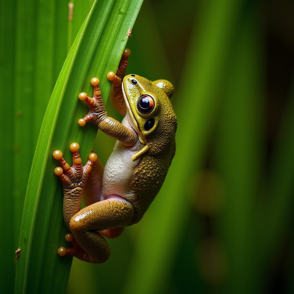 West African Tree Frog Climbing a Leaf