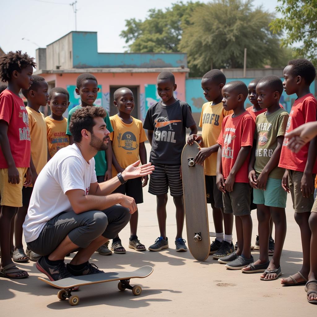 A White Man Teaching African Children Skateboarding