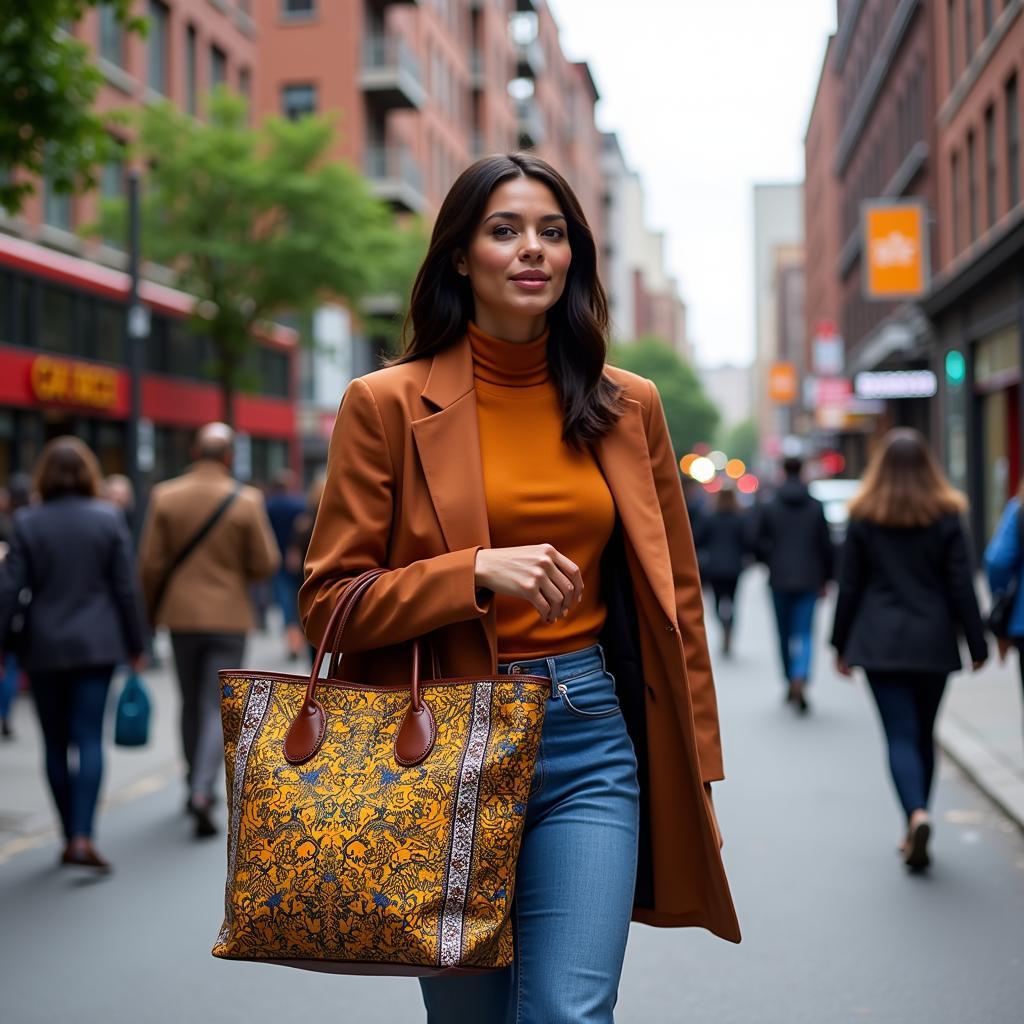 Stylish Woman Carrying an African Fabric Bag on a City Street