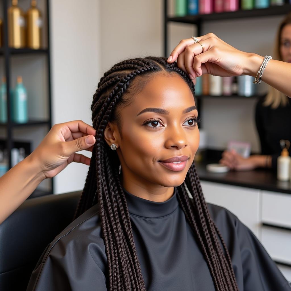 Woman getting her hair braided in an African braiding shop