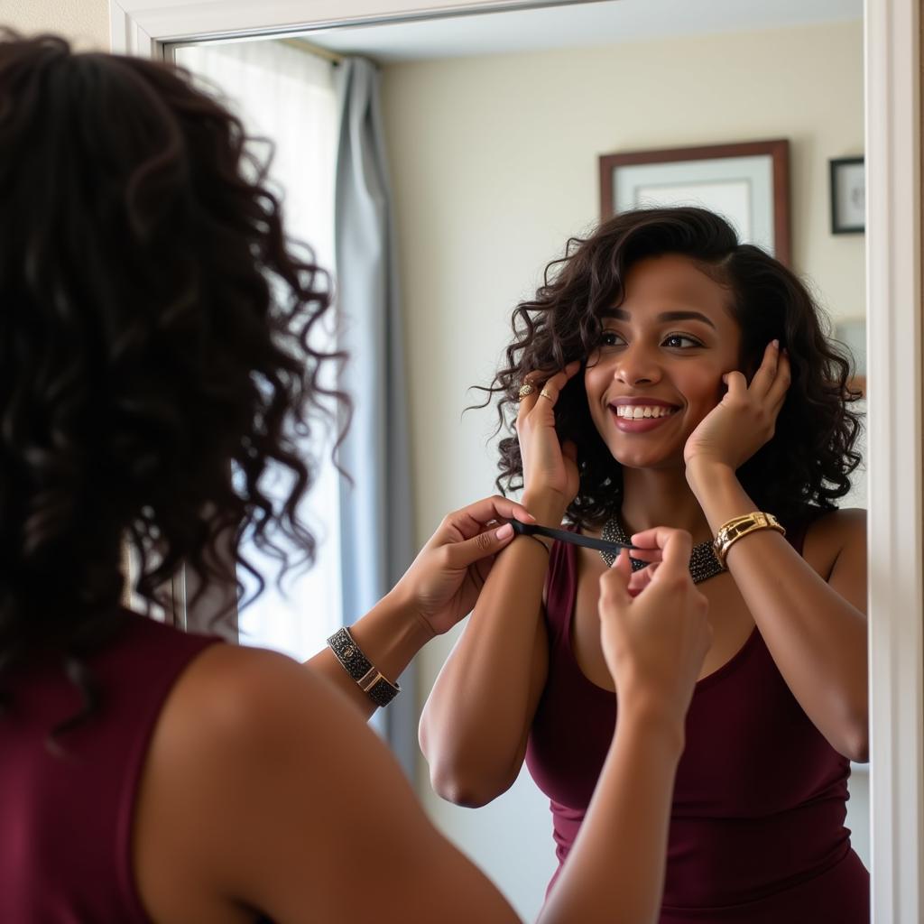 Woman Trying on an African American Lace Front Wig