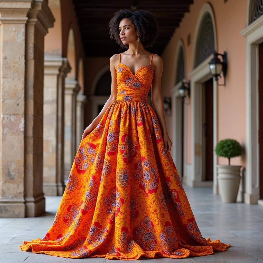 Woman Wearing African Lace Dress Made with Indian Fabric