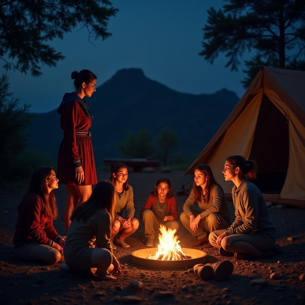 Women Sharing Stories Around a Campfire