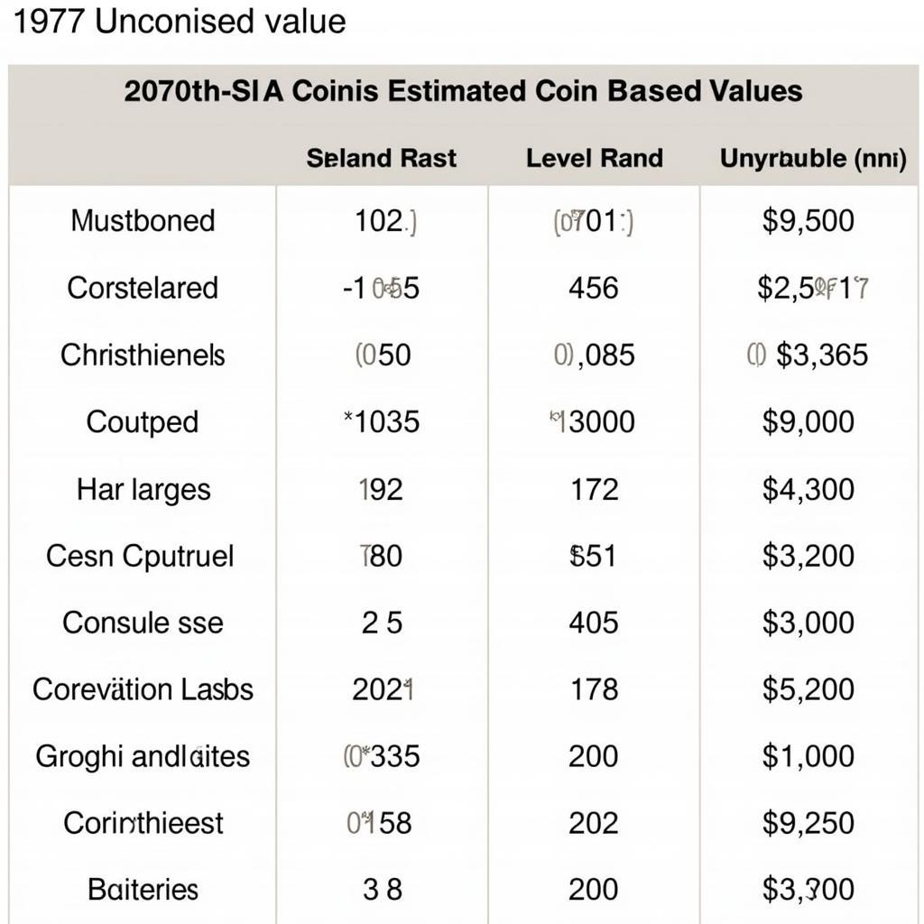 1977 South African 20 Cent Coin Price Guide - Table showing the estimated values of the coin in different conditions.