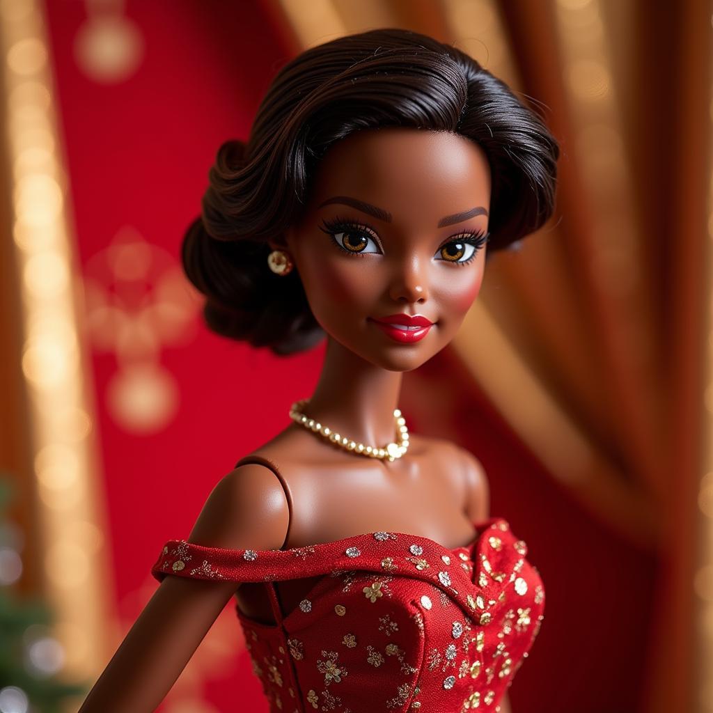 2016 Holiday Barbie African American doll close-up showcasing her intricate gown and elegant hairstyle.