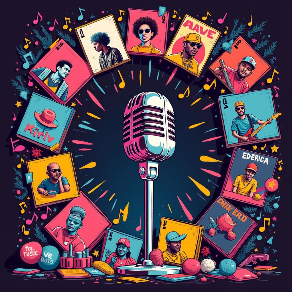 A vibrant image representing the influence of AAVE in hip-hop music, showcasing album covers, microphones, and musical notes.