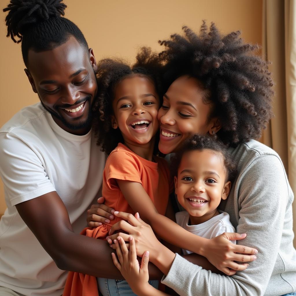 A loving family embraces their newly adopted African American child, showcasing the warmth and joy of transracial adoption.