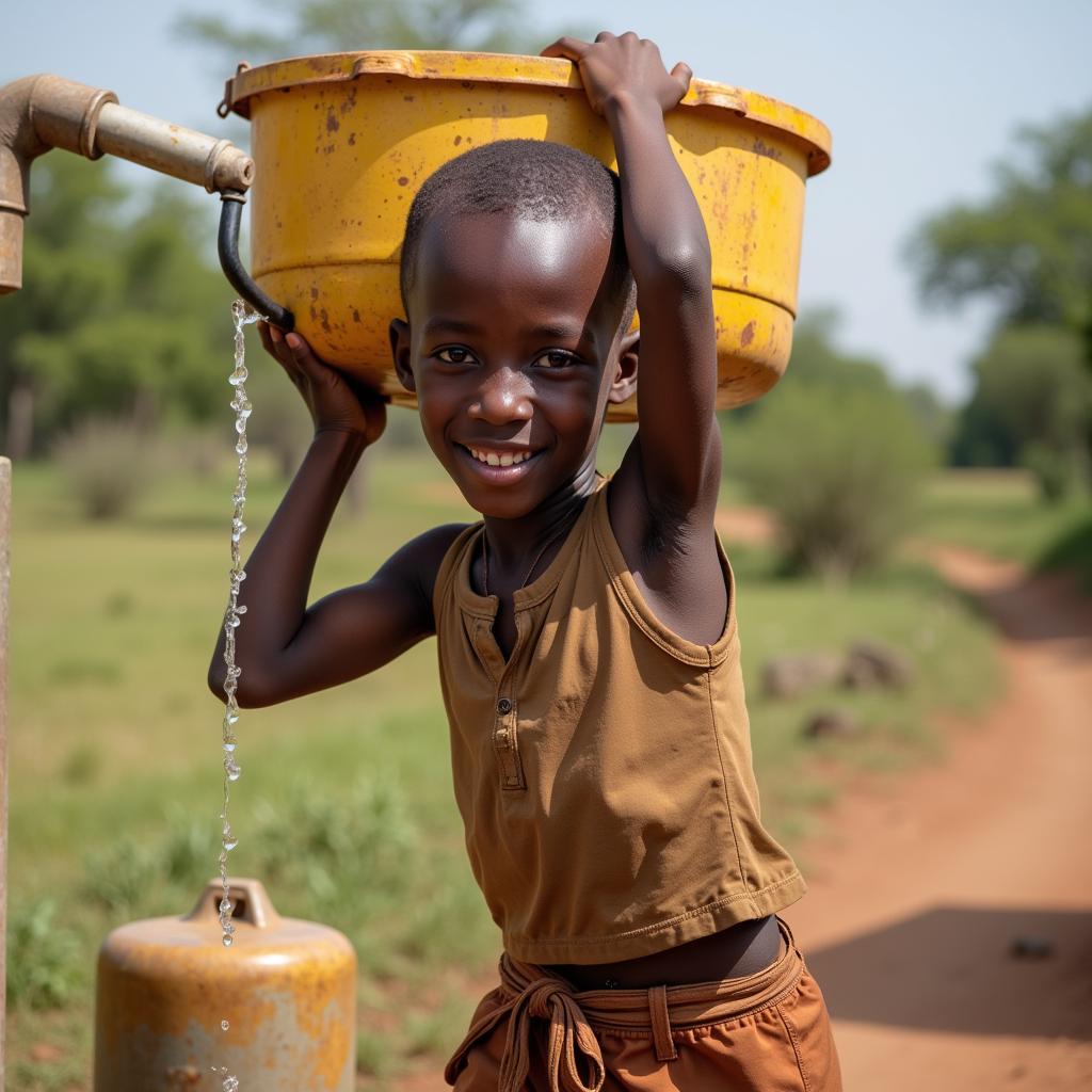 African boy fetching water from a well