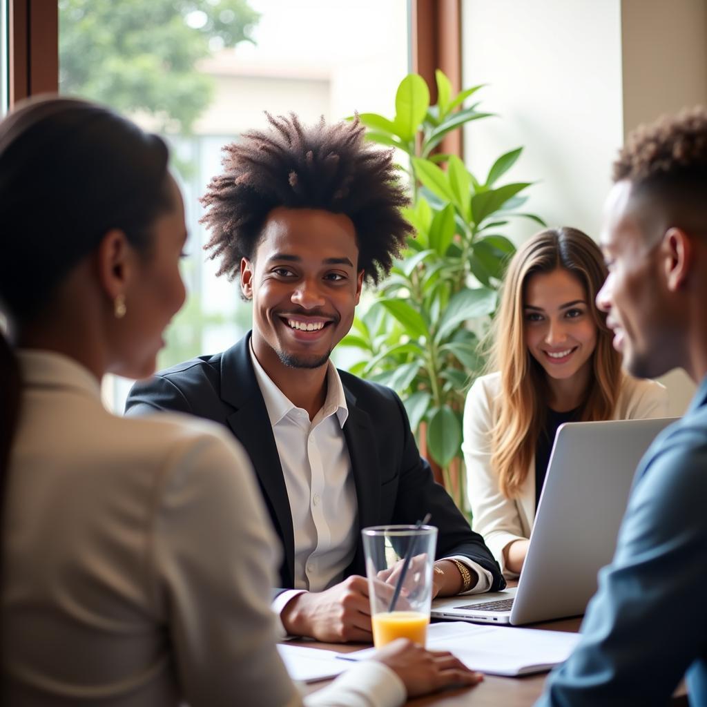 A group of African accountants collaborating on a project, discussing financial data and strategies.