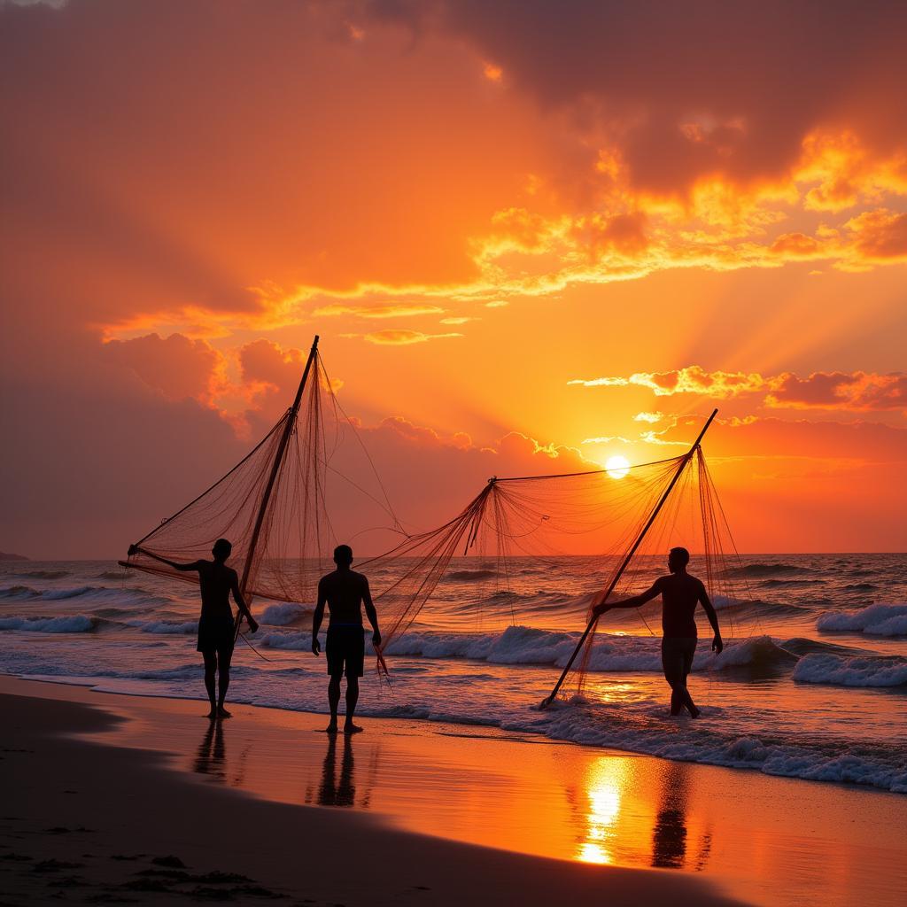 Adivasi fishermen casting nets on an African beach at sunset