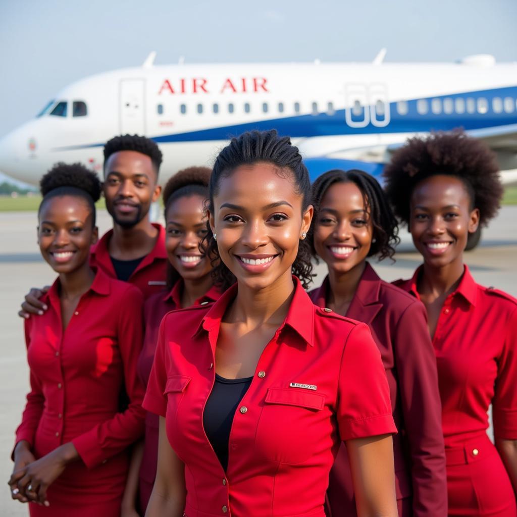 A group of African air attendants posing proudly in front of an aircraft.