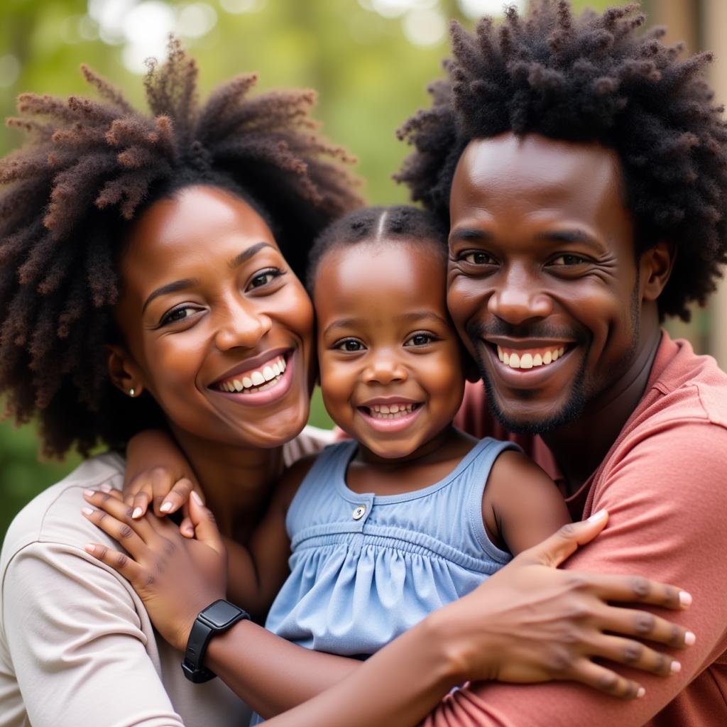 A heartwarming photo of an African American family in 2017, smiling and embracing their adopted child, showcasing the love and bond within the family unit.