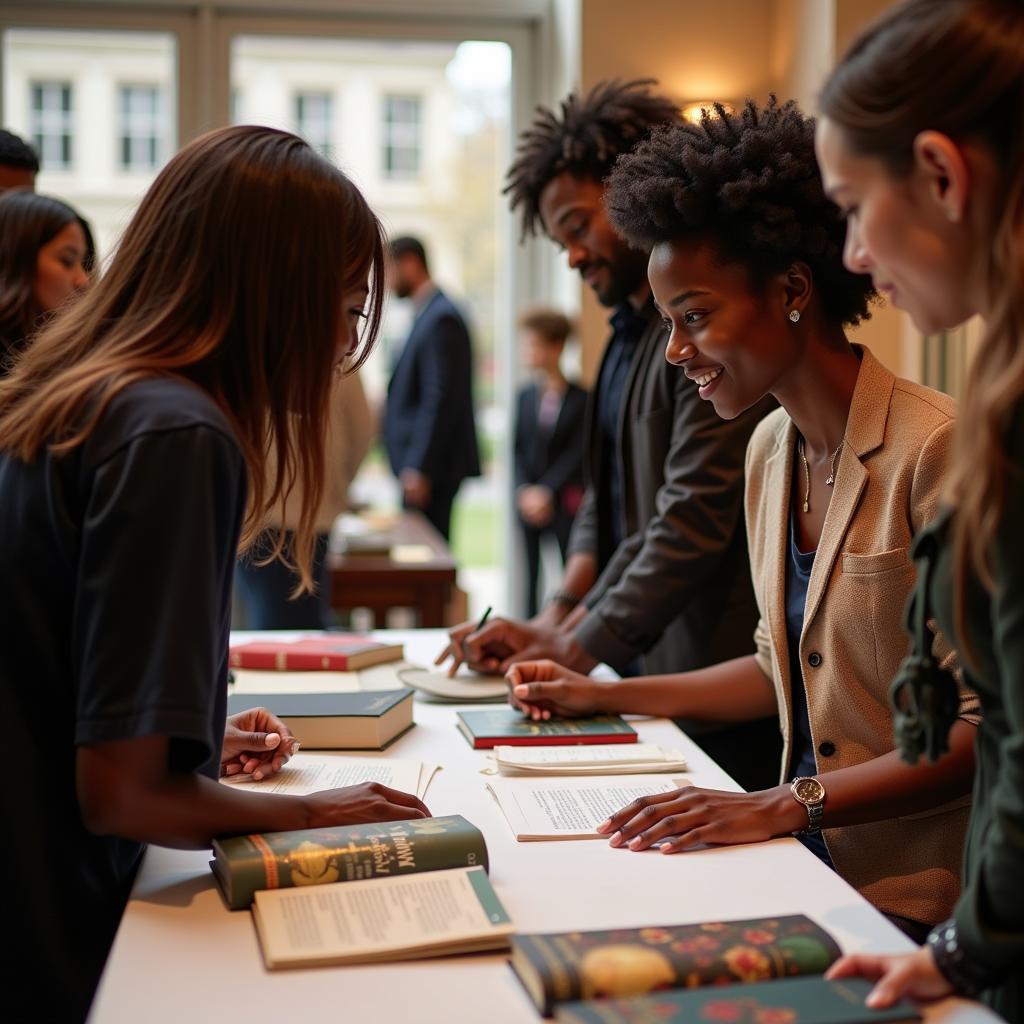 An African American author interacting with readers at a book signing event, promoting their self-published work.