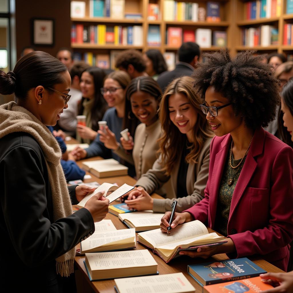 An African American author signing books for a diverse group of readers at a book event, demonstrating the power of literature to connect people and communities.