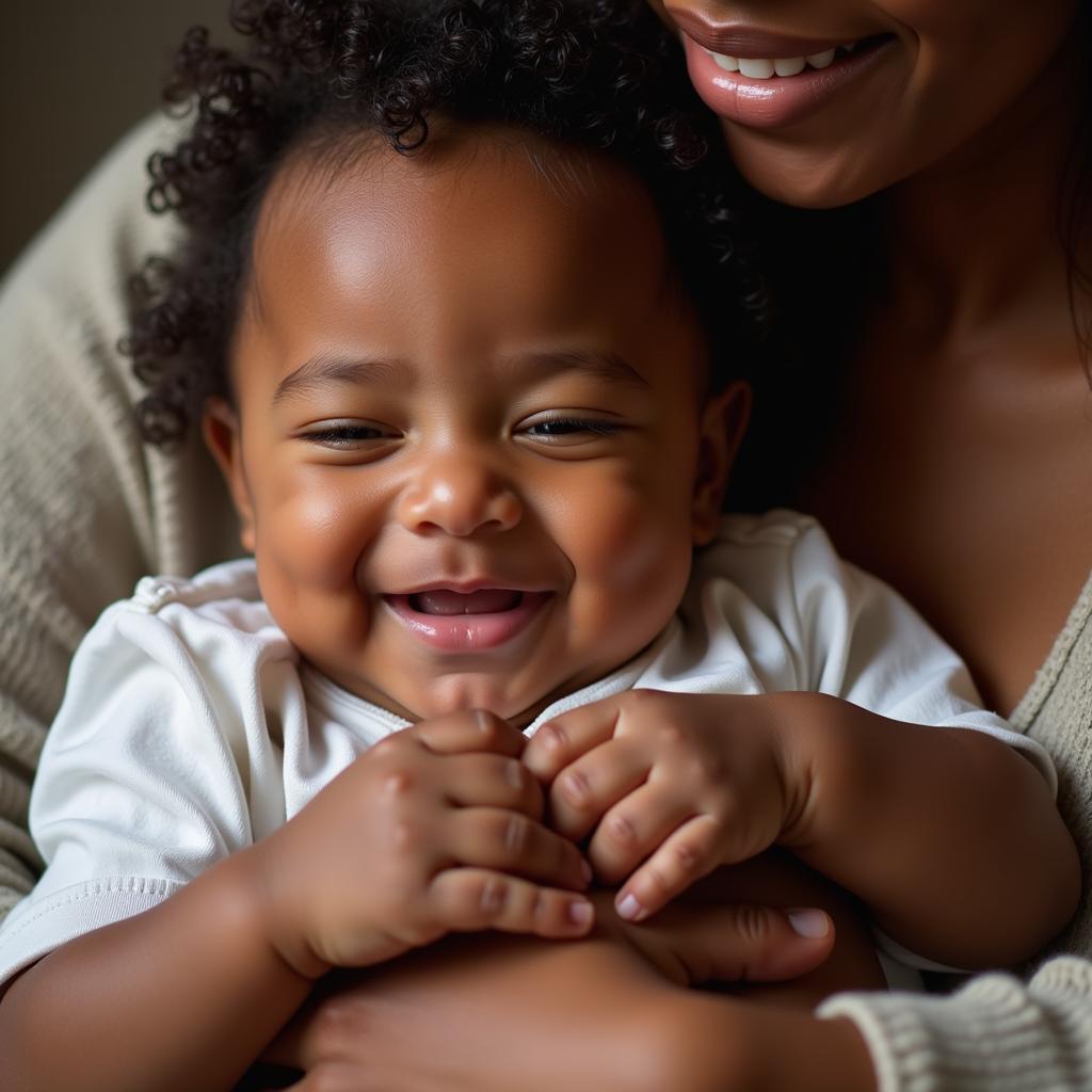 A healthy-looking African American baby contentedly breastfeeding, eyes closed in comfort.