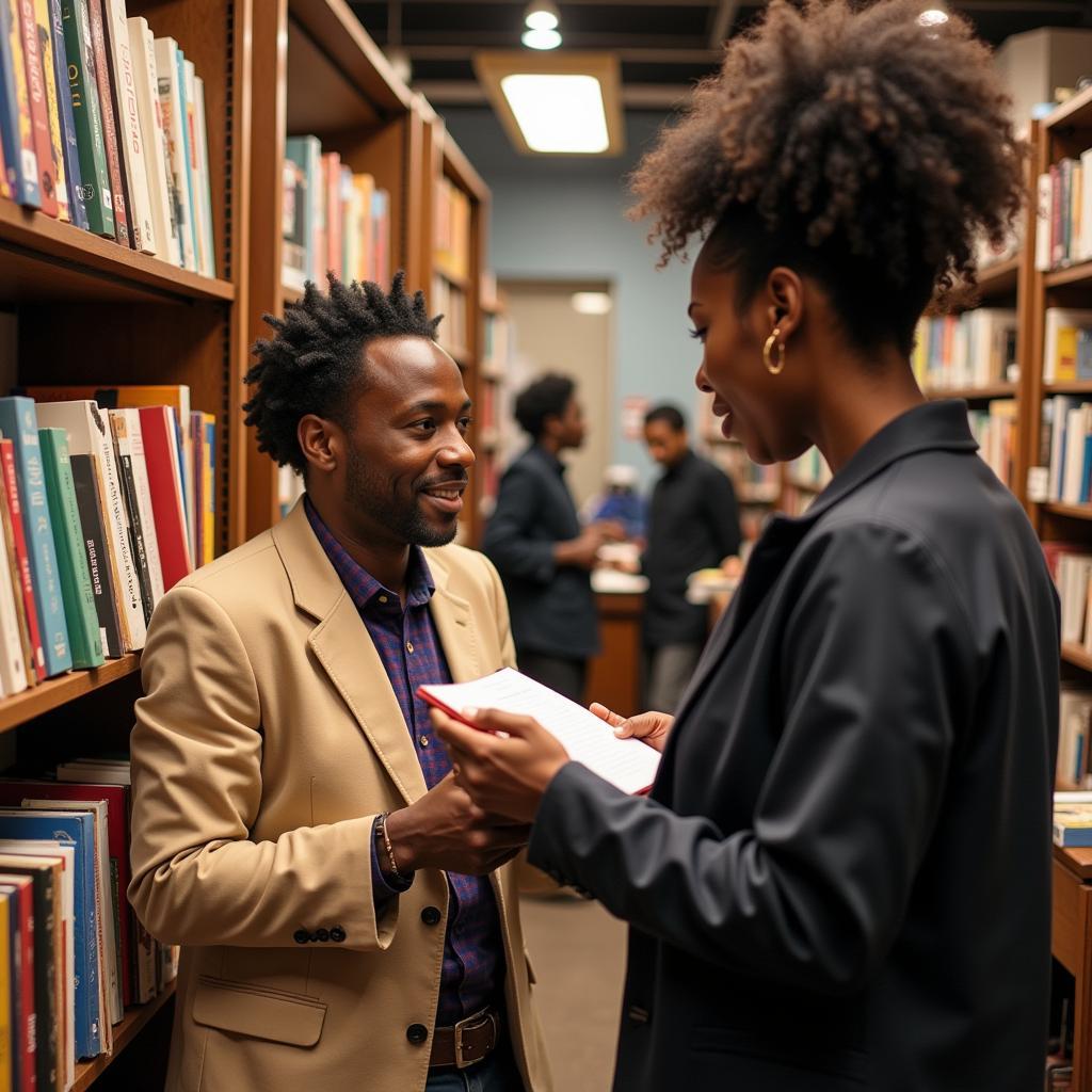 An African American bookstore owner assists a customer in finding a book, showcasing the personalized service often found in these community hubs.