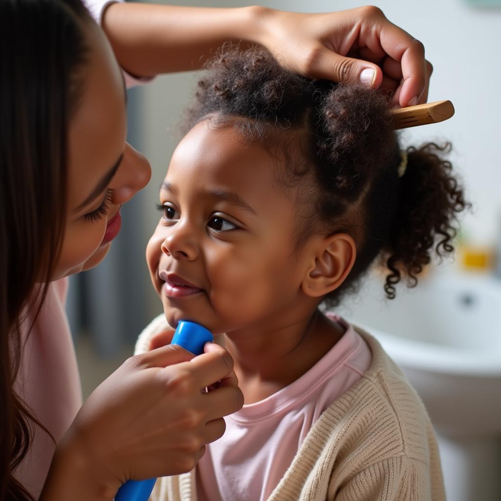 A parent gently combs their adopted African American child's hair, demonstrating proper hair care techniques.